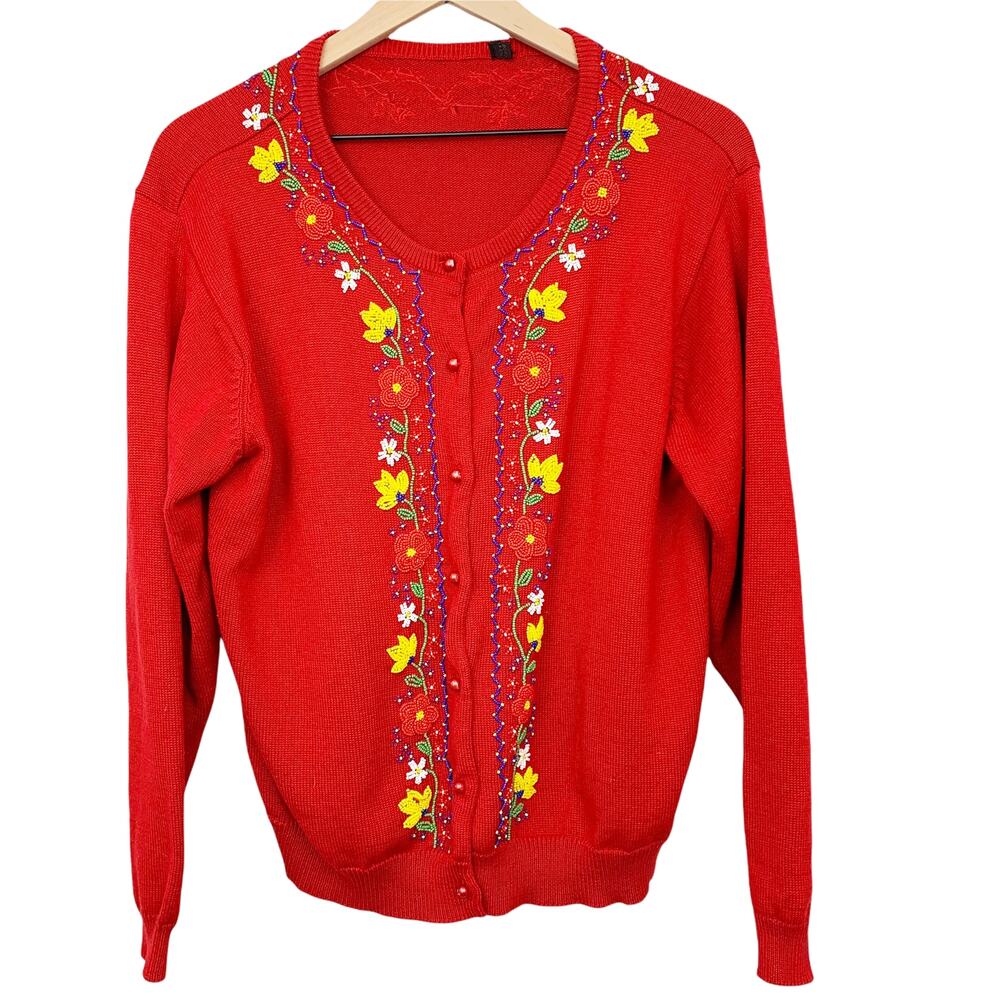 Vintage Beaded Cardigan Red Knit Colorful Floral Button Front Women's Sweater